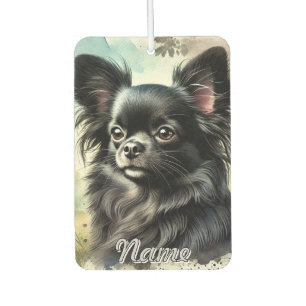 Black Long-Haired Chihuahua in Watercolor Car Air Freshener
