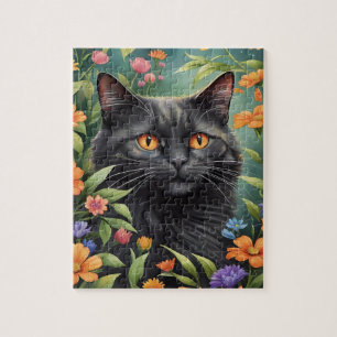 Black Longhaired Cat Family Pet Portrait Jigsaw Puzzle