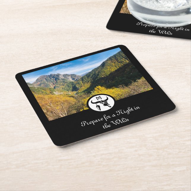 Black Longhorn Bull Skull Silhouette Monogram Phot Square Paper Coaster (Angled)