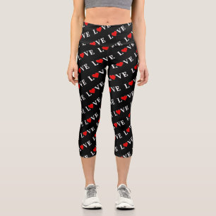 Black LOVE and Heart Simple Minimalist Modern Chic Capri Leggings