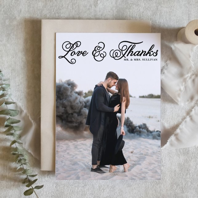 Black Love and Thanks Pretty Script Photo Wedding Thank You Card (Creator Uploaded)
