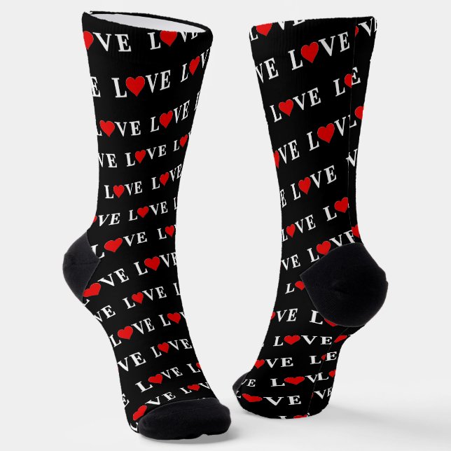 Black LOVE Heart Elegant Trendy Black and White Socks (Angled)