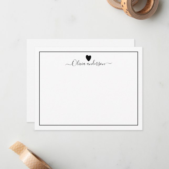 Black Love Heart Personalised Note Card (Front/Back In Situ)
