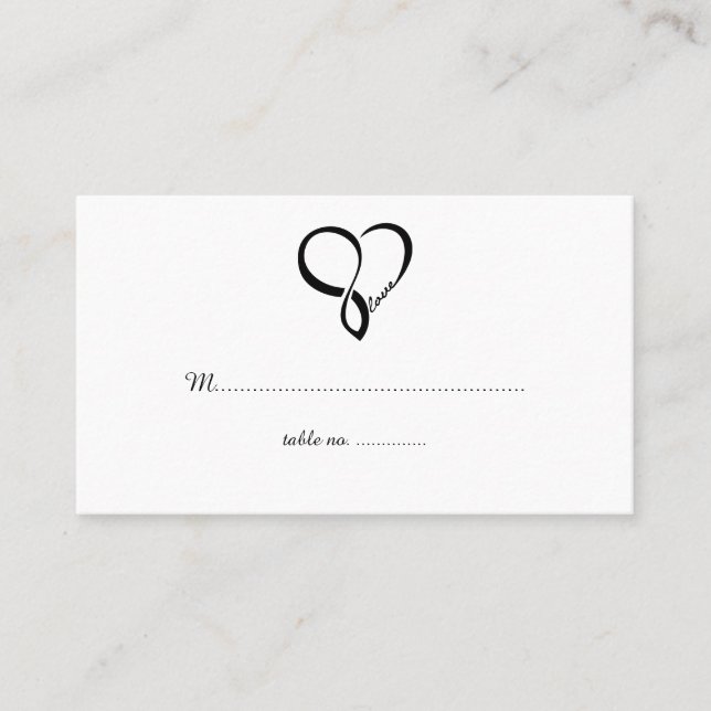 Black Love Heart Wedding Table Place Cards (Front)