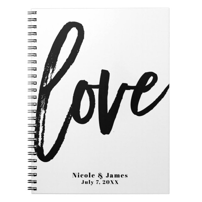 Black LOVE Modern Brush Script Wedding Planning Spiral Notebook (Front)