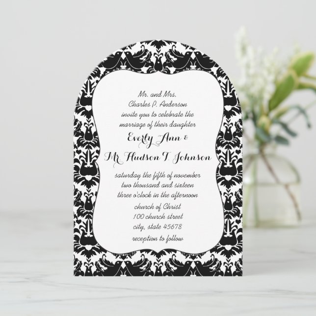 Black Lovebird Damask Wedding Invitation (Standing Front)