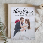 Black Lovely Modern Calligraphy Photo Wedding Thank You Card<br><div class="desc">Elegant,  stylish and whimsical vertical flat card to thank your guests for being a part of your wedding day. This customisable thank you postcard features black modern calligraphy overlay. This design is also available in other cards.</div>