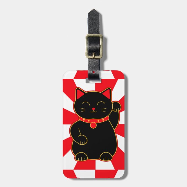 Black Lucky Cat Luggage Tag (Front Vertical)