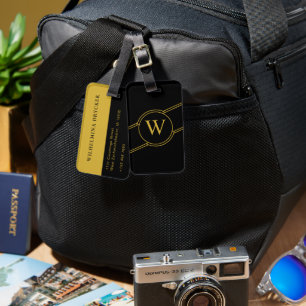 Black Luggage Tag with Gold M and Custom Info