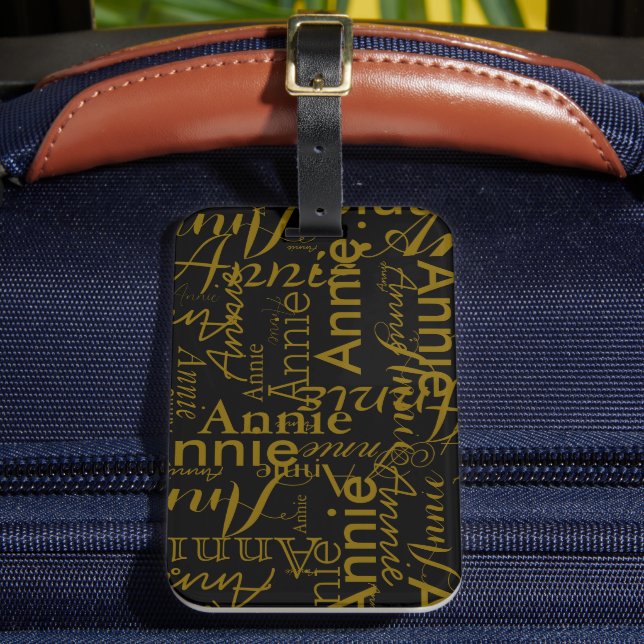 Black Luggage Tag with her name (Front Insitu 2)