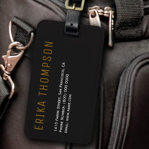 black luggage tag with her name and address