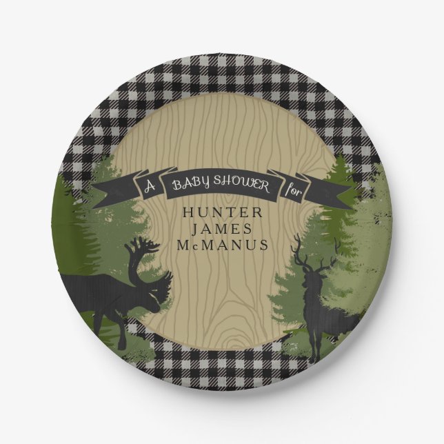 Black Lumberjack Forest Woodland Baby Boy Shower Paper Plate (Front)