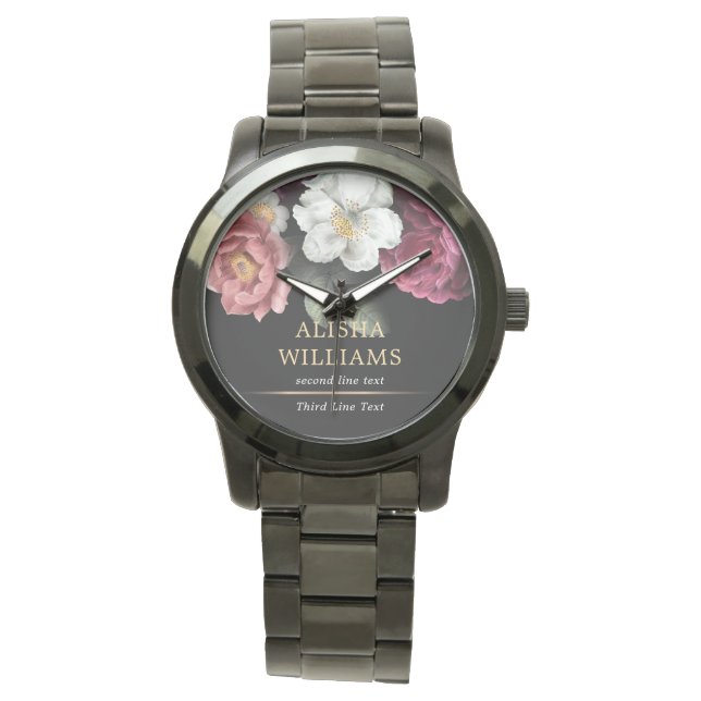 Black Luxury Floral Personalised Watch (Front)