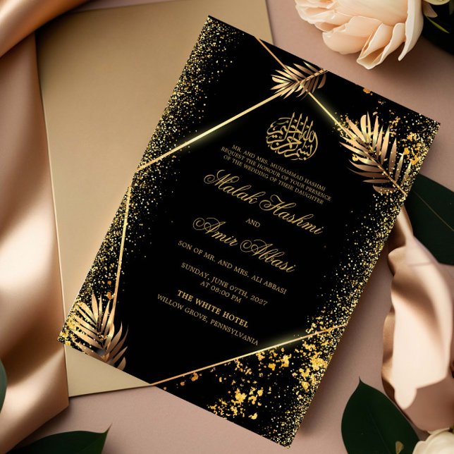 Black Luxury Gold Leaves Islamic Muslim Wedding Invitation (Creator Uploaded)