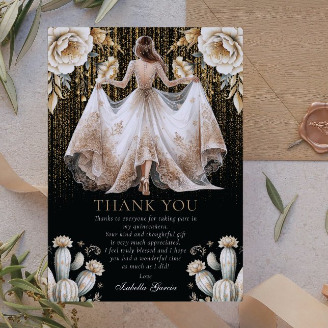 Black Luxury Ivory & Gold Quinceañera Thank you Invitation (Creator Uploaded)