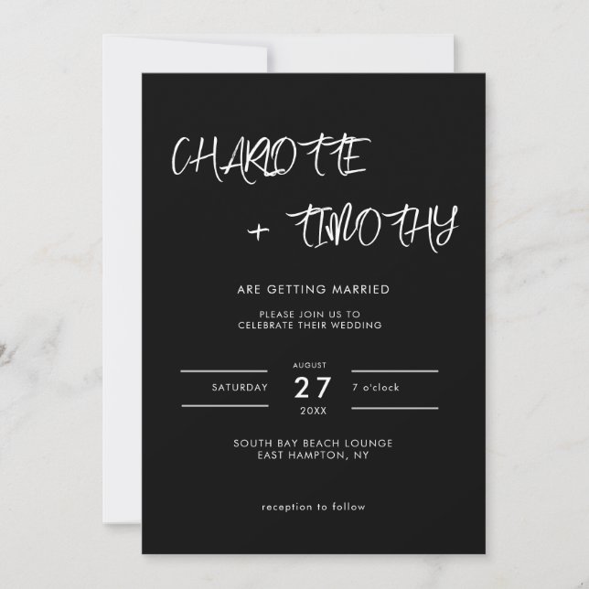 Black Luxury Wedding Invitation Modern Script (Front)