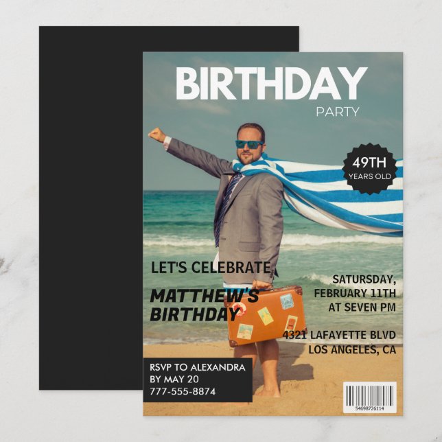 Black Magazine Humour Photo 49th birthday Invitation (Front/Back)