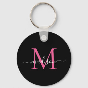 Black Magenta Pink Monogram Name Elegant Script Key Ring