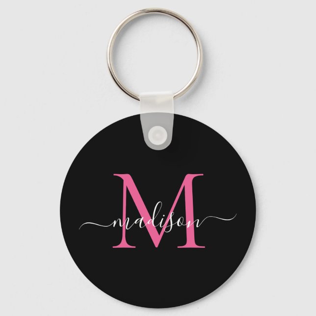 Black Magenta Pink Monogram Name Elegant Script Key Ring (Front)