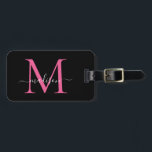 Black Magenta Pink Monogram Script Name Stylish Luggage Tag<br><div class="desc">Elegant Black Magenta Hot Blush Pink Monogram Script Name Stylish Bag Tag</div>