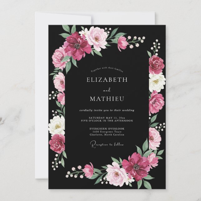 Black Magenta Ranunculus Eucalyptus Wedding Invitation (Front)