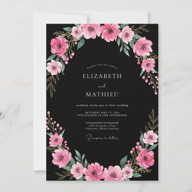 Black Magenta Wildflower Wedding Invitation (Front)