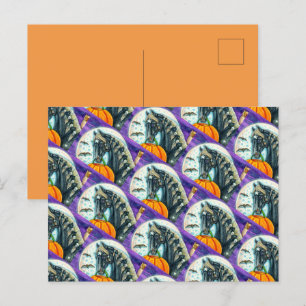 BLACK MAGIC HORSE, OWL, JACK O LANTERN & SKULLS HOLIDAY POSTCARD