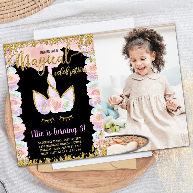 Black Magical Glitter Unicorn Birthday w photo Invitation (Black Magical Glitter Unicorn Birthday w photo Invitation)