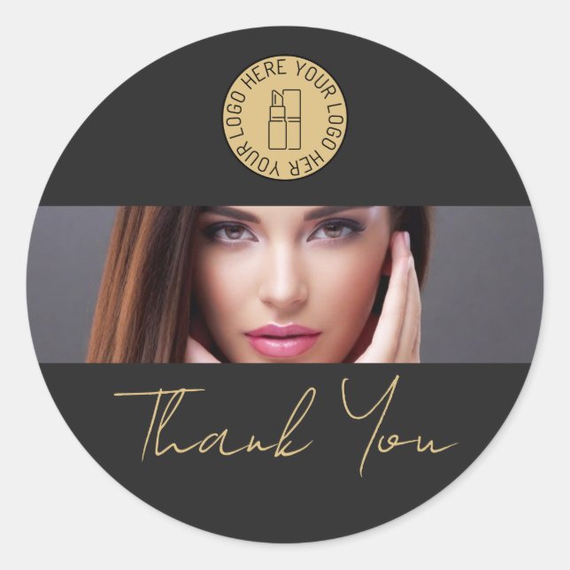 Black Makeup Beauty Salon Business Logo Thank You Classic Round Sticker (Front)