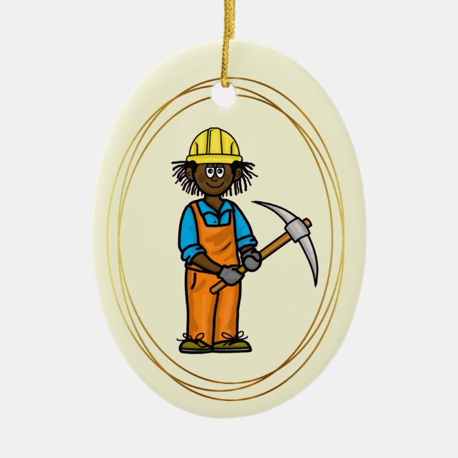 Black Male Construction Worker  Pick Axe Ornament (Front)