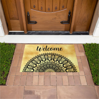 Black Mandala Circles and leaves Doormat