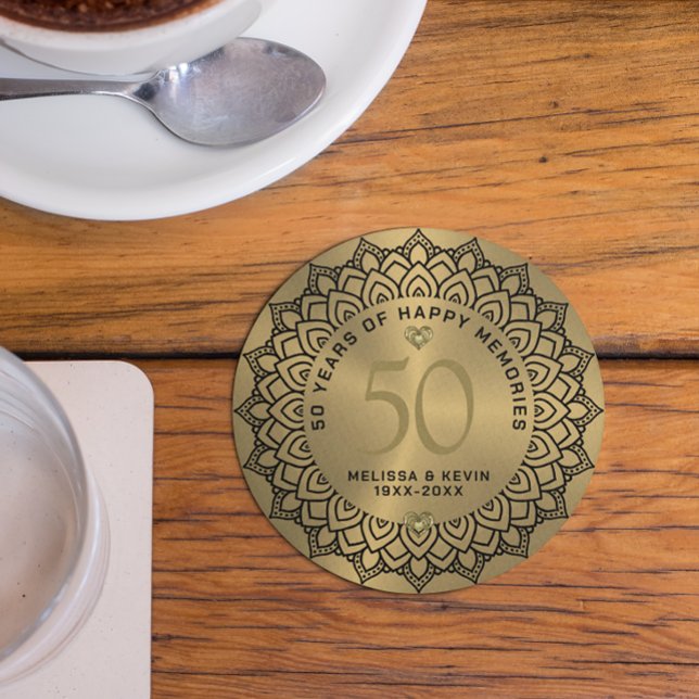Black mandala on gold 50th wedding Anniversary Coaster (Creator Uploaded)