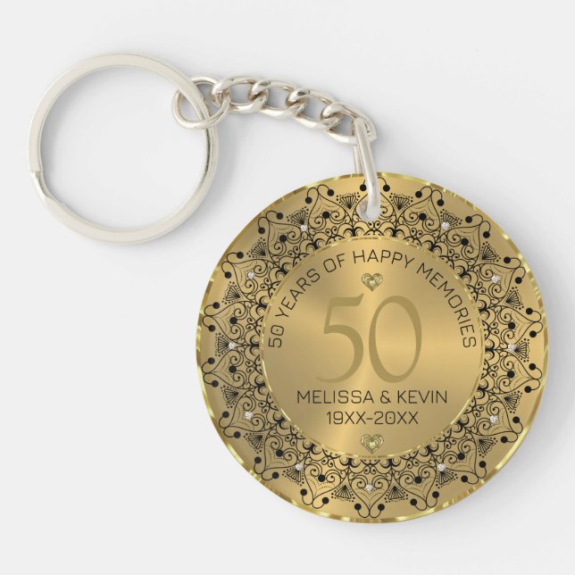 Black Mandala On Gold 50th Wedding Anniversary Key Ring (Front)