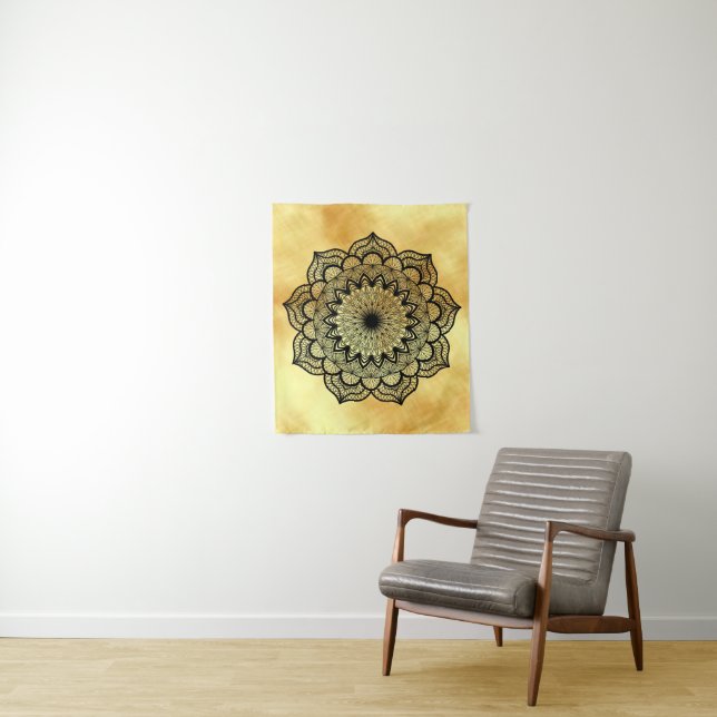 Black Mandala on Gold Background Small Tapestry (In Situ)