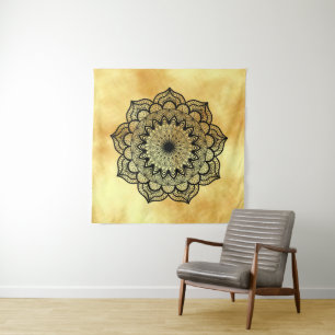 Black Mandala on Gold Background Square Tapestry