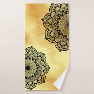 Black Mandala on Soft Gold Background Bath Towel