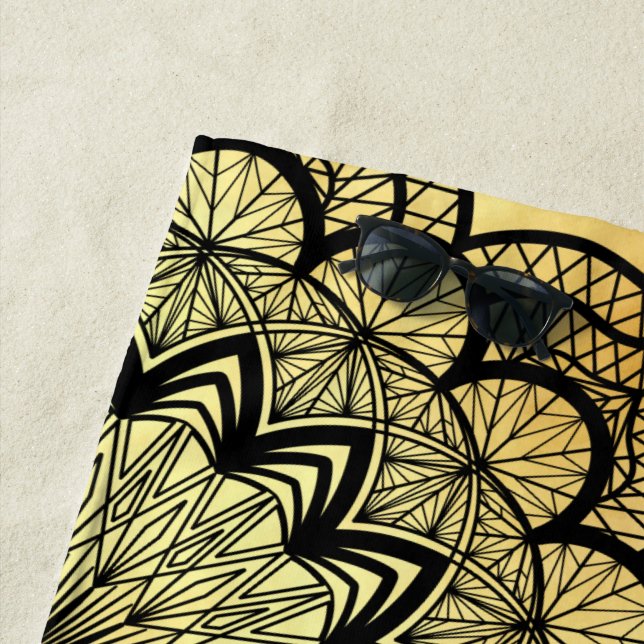 Black Mandala on Soft Gold Background Beach Towel (In Situ)
