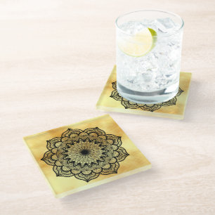 Black Mandala on Soft Gold Background Glass Coaster