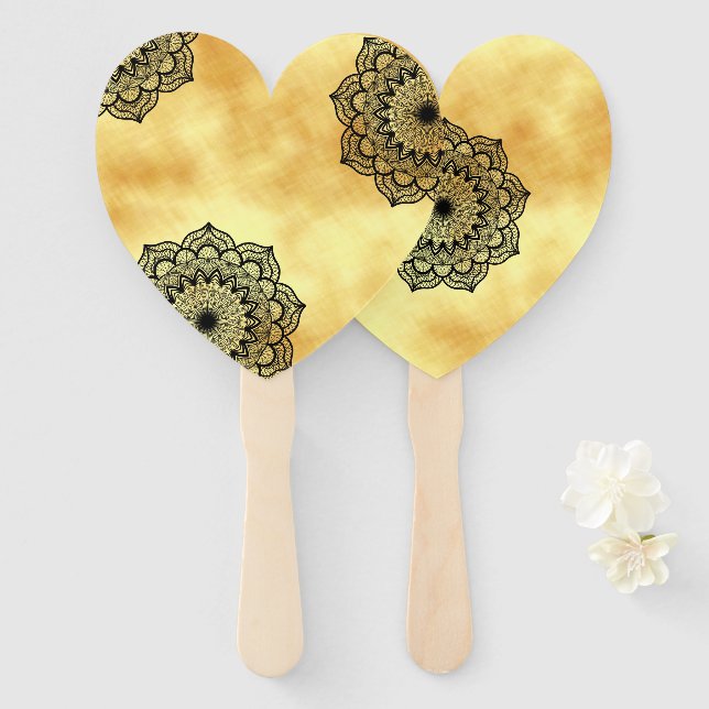 Black Mandala on Soft Gold Background Hand Fan (Front and Back)