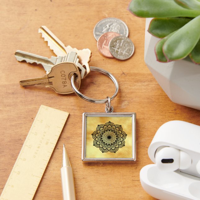 Black Mandala on Soft Gold Background Key Ring (Desk)