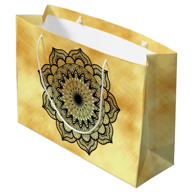 Black Mandala on Soft Gold Background Large Gift Bag (Back Angled)