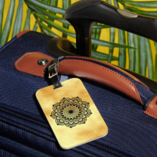 Black Mandala on Soft Gold Background Luggage Tag