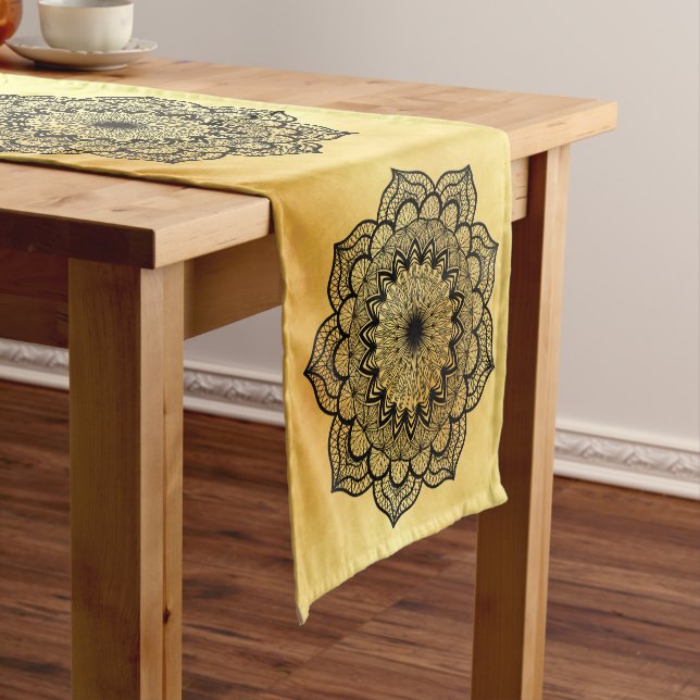 Black Mandala on Soft Gold Background Short Table Runner (In Situ)