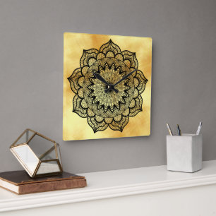 Black Mandala on Soft Gold Background Square Wall Clock