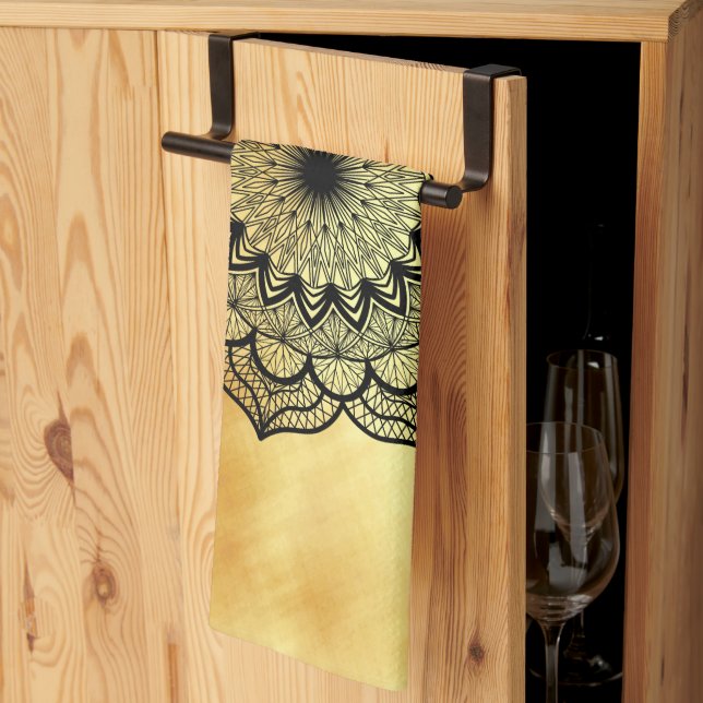 Black Mandala on Soft Gold Background Tea Towel (Thirds Fold)