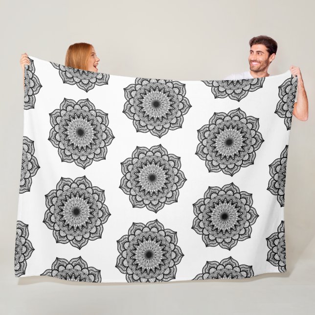 Black Mandala on White Background Fleece Blanket (In Situ)
