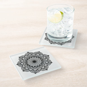 Black Mandala on White Background Glass Coaster
