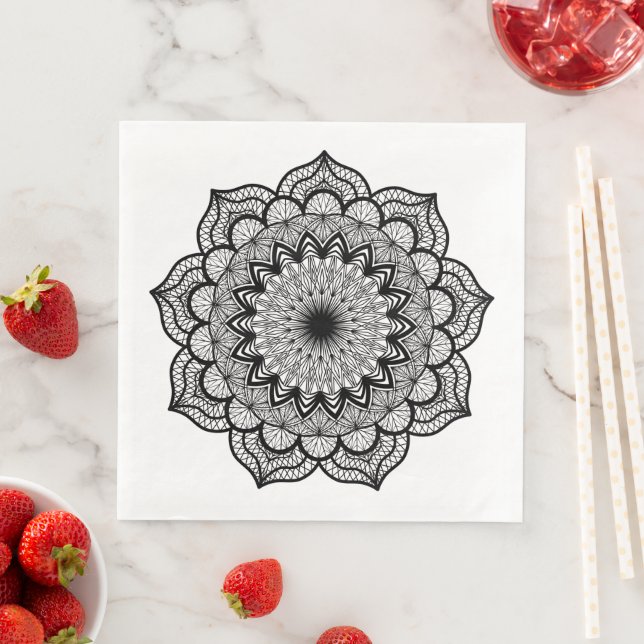 Black Mandala on White Background Napkin (Insitu)