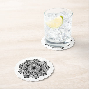 Black Mandala on White Background Paper Coaster
