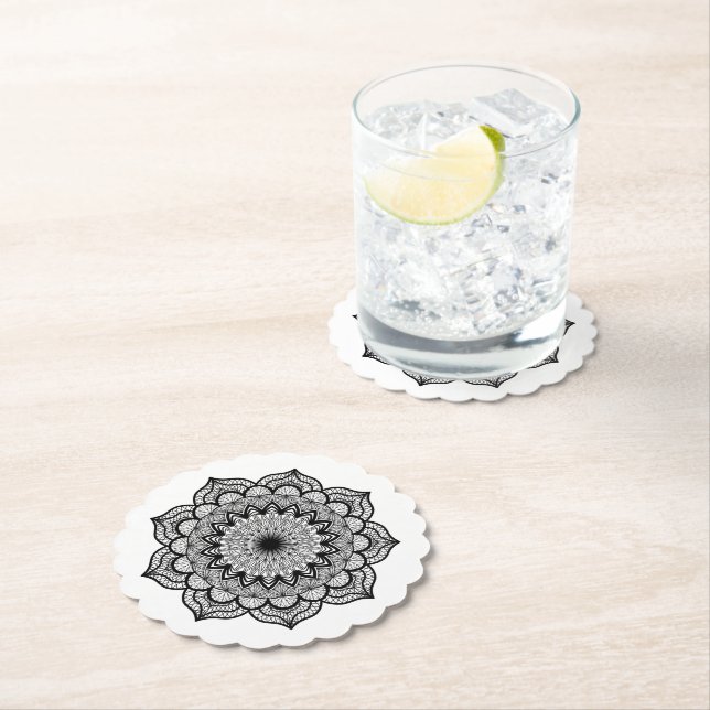 Black Mandala on White Background Paper Coaster (Insitu)